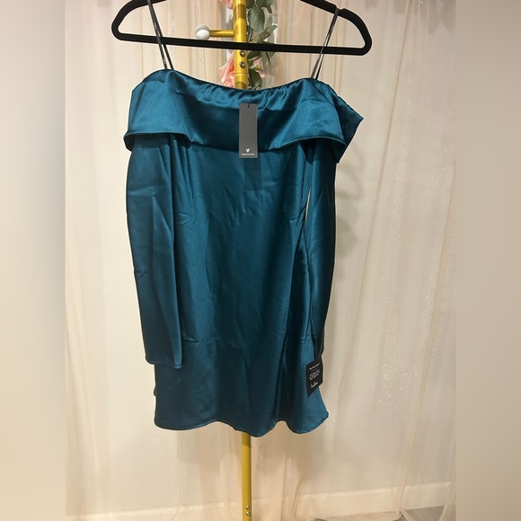 Lulu’s Luxurious Vision Teal Satin Off-the-Shoulder Mini Dress - Picture 6 of 8